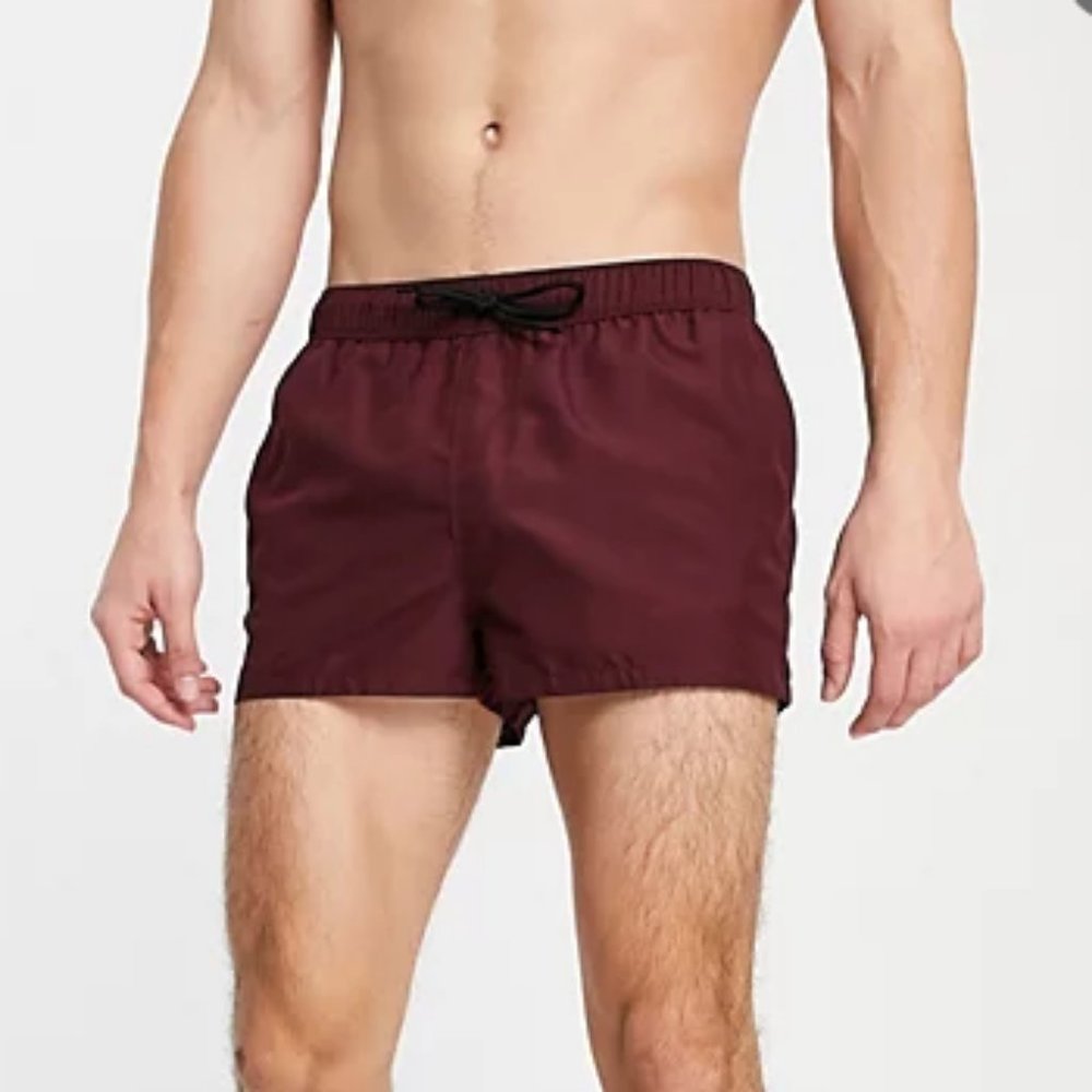 ASOS Design Swim Short in Burgundy Super Short Length